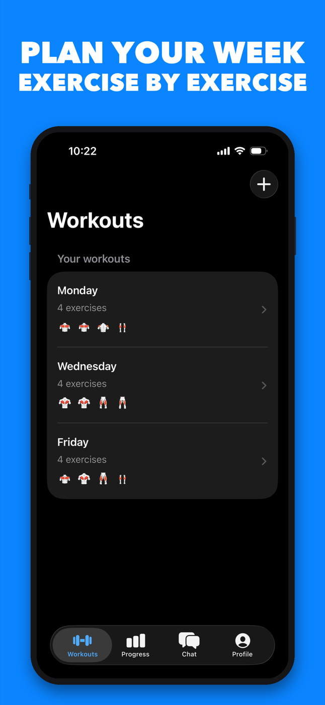Weekly workout plan with Monday, Wednesday, and Friday sessions