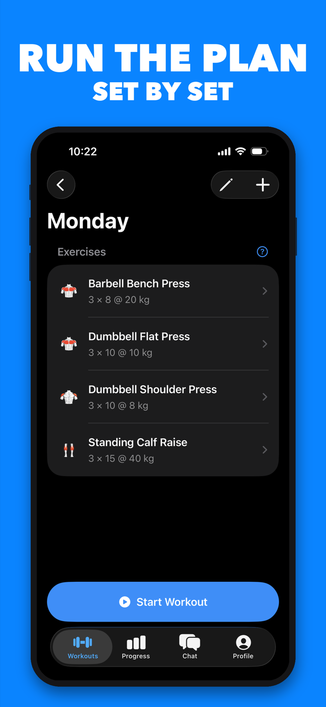 Monday workout showing four exercises with sets, reps, and weight