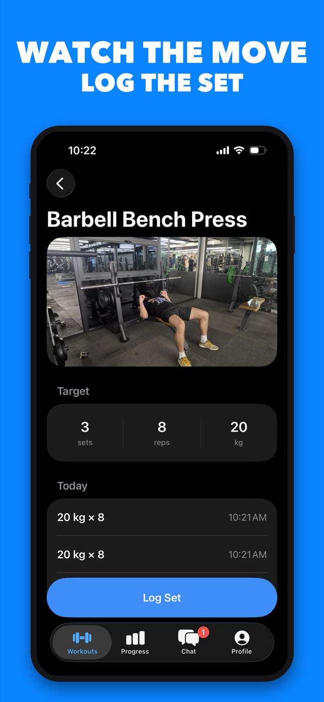 Active Barbell Bench Press session with technique video and Log Set button
