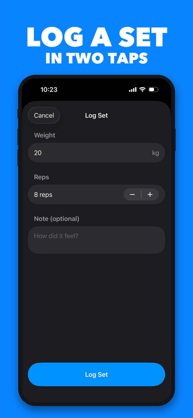 Log Set form to record weight, reps, and an optional note