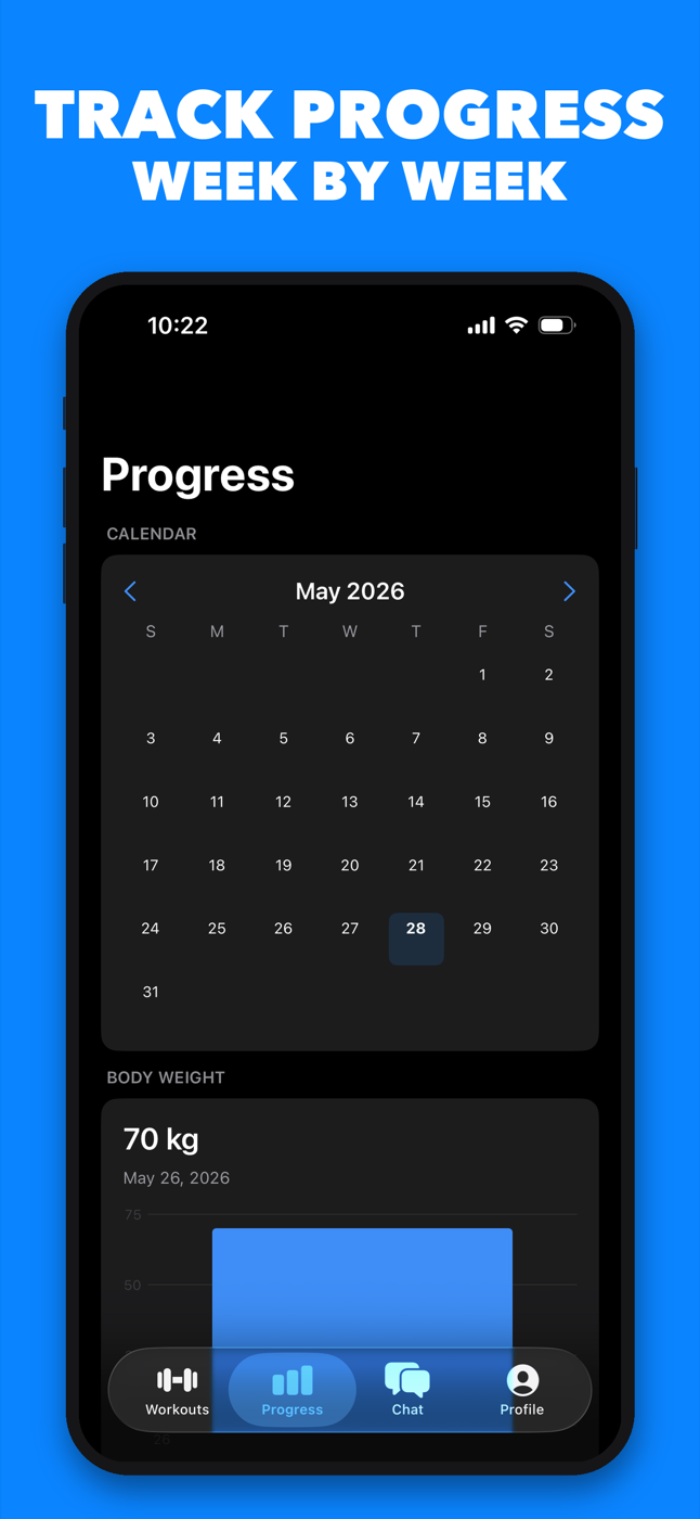 Progress tab with workout calendar and body weight chart