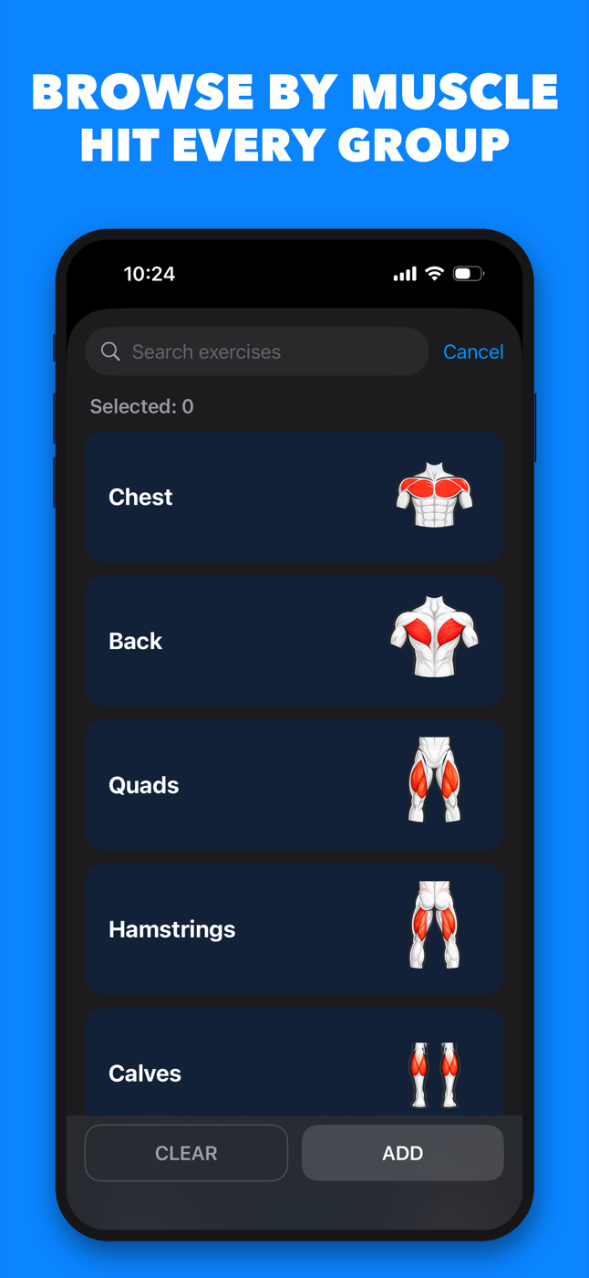 Exercise library organized by muscle group